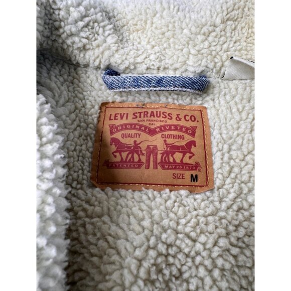 Levis Women SZ M Sherpa Trucker Denim Cotton Jacket Casual Rodeo - Picture 8 of 8